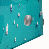 Large abstract wall art depicting the Mediterranean Sea in vibrant blue and turquoise tones on acrylic glass.