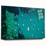 Large abstract acrylic print of the Mediterranean Sea in blue and turquoise tones, ideal for bedroom or dining room art.