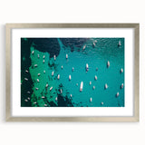 Extra large framed abstract art print depicting the Mediterranean Sea in textured blue and white tones.