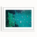 Textured art depicting the Mediterranean Sea in abstract style, with vibrant blue and white tones on a framed canvas.