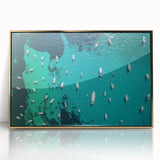 Acrylic print of a Mediterranean Sea scenery in art deco style with gold frame, ideal for modern art wall decor.