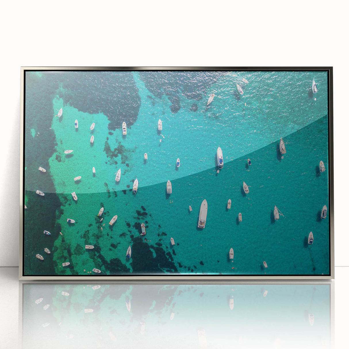 Framed acrylic print of a Mediterranean seascape with muted blue and white tones, ideal for modern art wall decor.