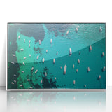 Mid-century modernist art depicting the Mediterranean Sea in muted blue and white tones on a framed acrylic.