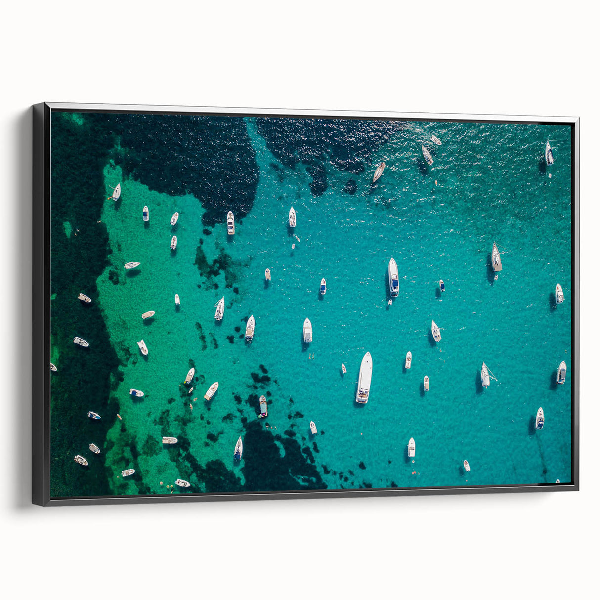 Black and white framed canvas depicting a vintage-style Mediterranean seascape, ideal for bedroom wall decor.