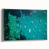 Framed canvas depicting a Mediterranean seascape in a vintage poster style, featuring vibrant blue and silver tones.