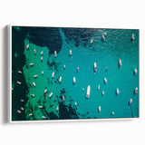 Vintage poster art of the Mediterranean Sea on a framed canvas, featuring vibrant blue and white tones.