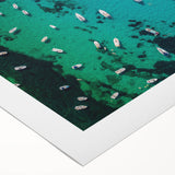 Art deco poster featuring a Mediterranean seascape in muted blue and white tones, on rolled canvas.