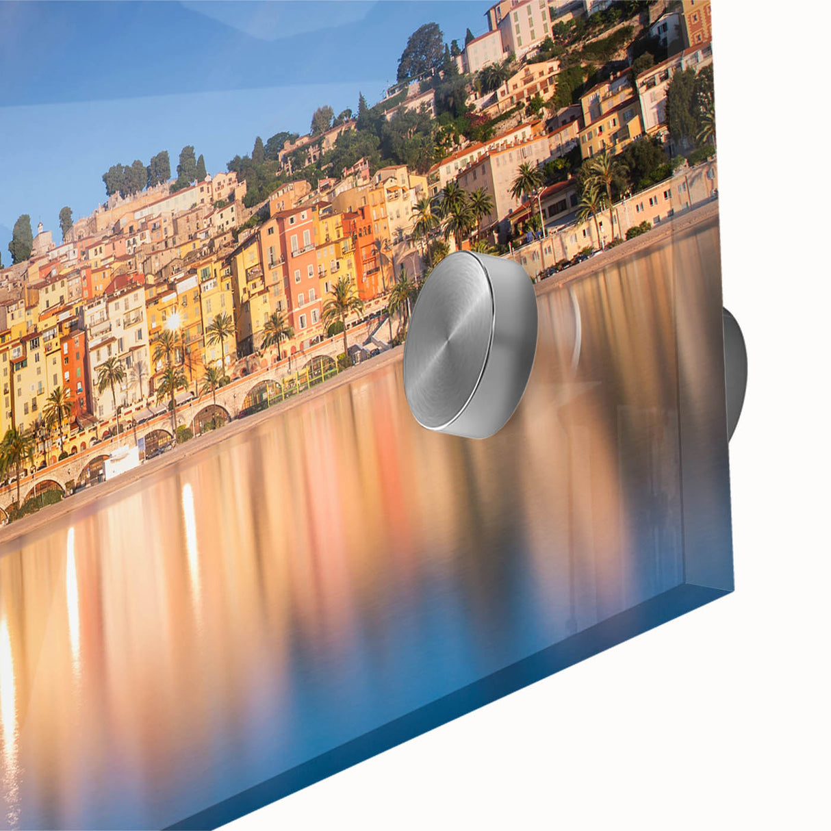 Large abstract wall art featuring a stylized Monaco scenery in vibrant hues on acrylic glass, ideal for dining room art.