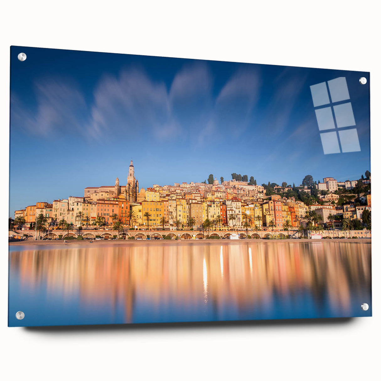 Acrylic glass print of Monaco scenery in vivid blue and green tones, suitable for dining room decor.