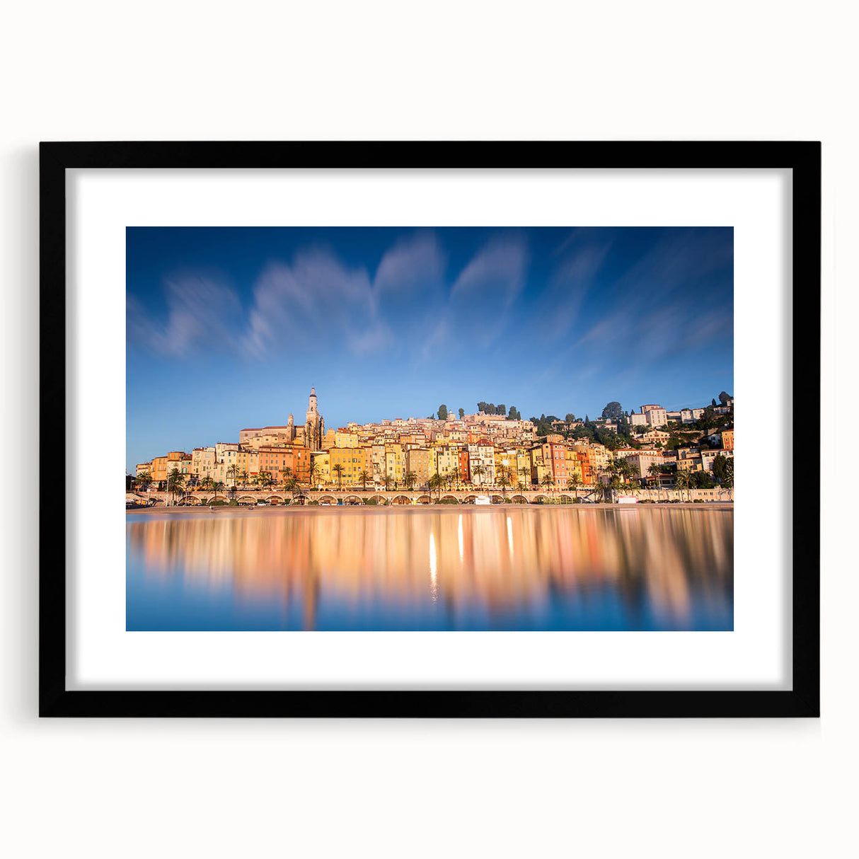 Extra large, textured abstract art print of colorful Monaco scenery on a framed black mat, ideal for living room decor.