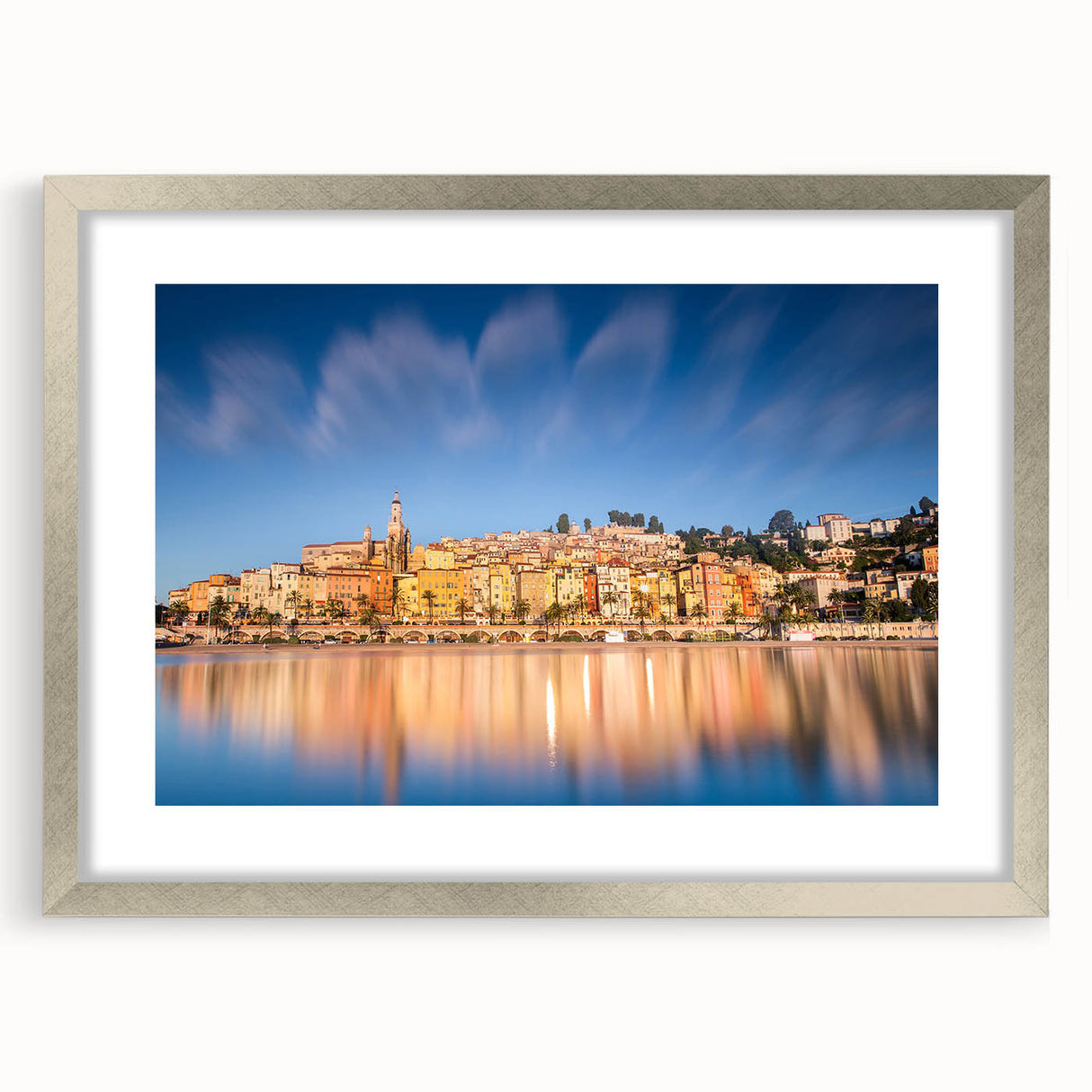 Extra large abstract art print featuring textured scenery of Monaco in silver frame, ideal for living room decor.