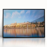 Large abstract wall art depicting Monaco scenery in muted blue and gray tones on a framed acrylic.