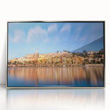 Large art print of Monaco scenery in muted blue and silver tones on framed acrylic, fitting for modern nursery decor.