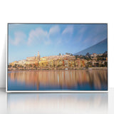 Mid-century modernist art depicting Monaco scenery in muted pastels on white framed acrylic, suitable for nursery wall art.