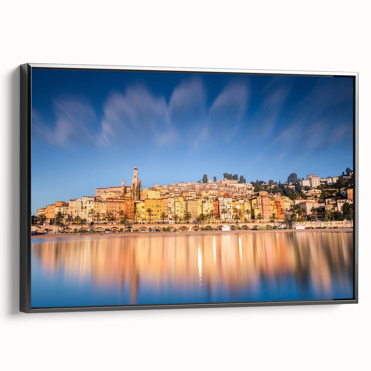 Black and white vintage poster art of Monaco landscape on framed canvas, suitable for bedroom wall decor.