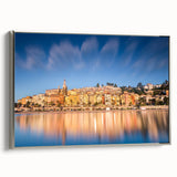 Framed canvas depicting vintage Monaco landscape with colorful art in black, ideal for living room decor.