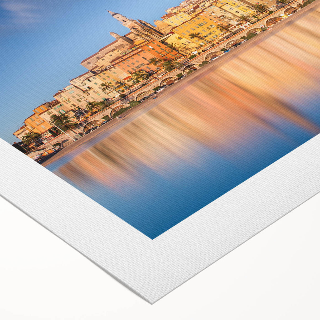 Art deco poster depicting the Monaco coastline in muted blue and tan hues on a rolled canvas, suitable for dining room decor.