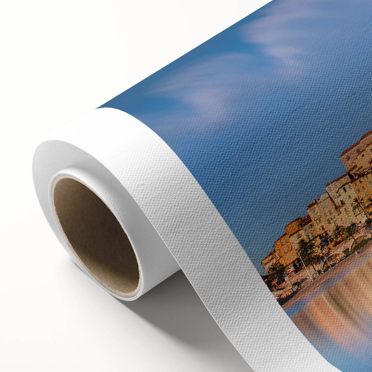 Art deco poster of Monaco scenery in muted blue and pink tones on rolled canvas, ideal for nursery wall art.