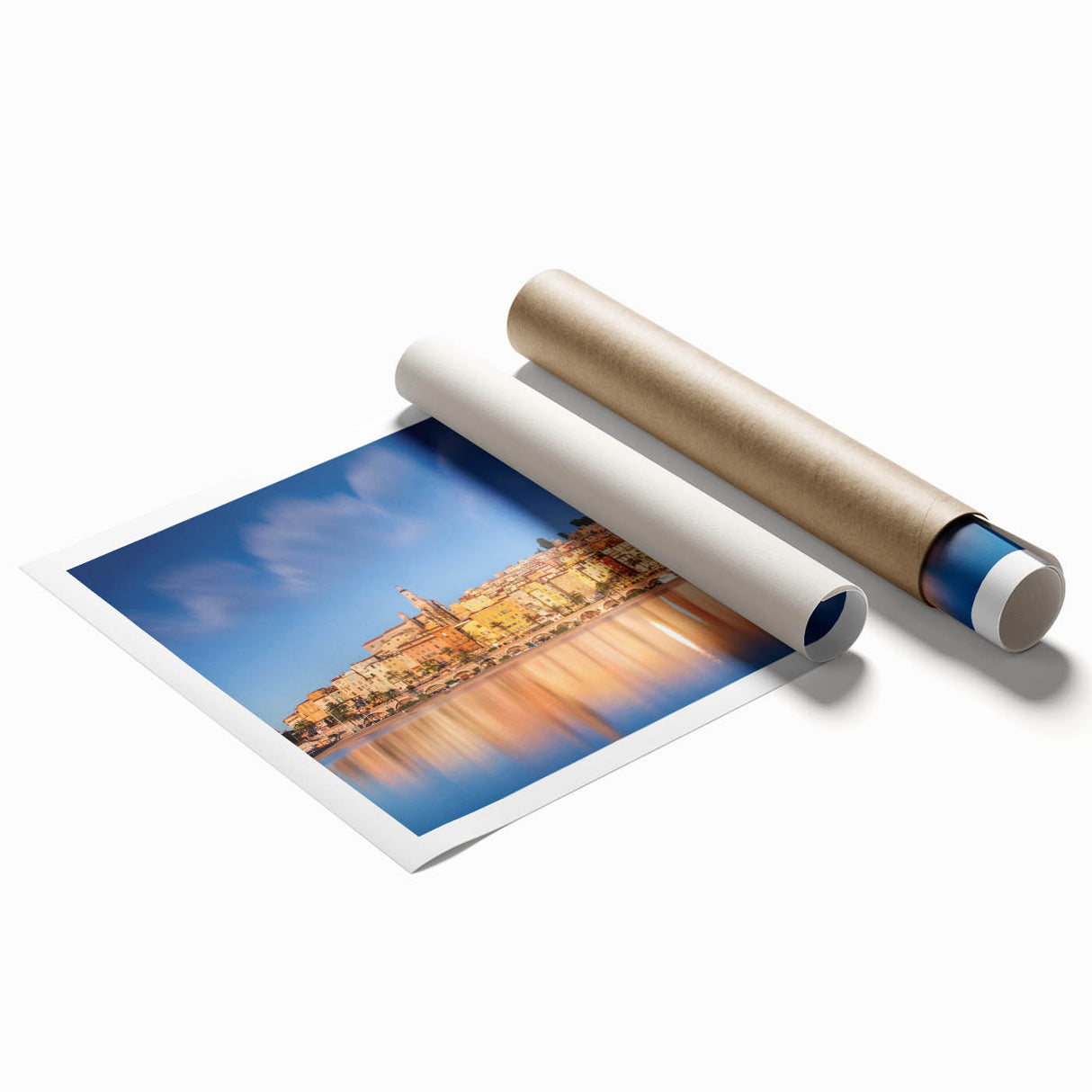Extra large rolled print of a serene Monaco scenery with floral accents in pastel shades, ideal for classy bathroom wall art.