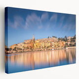 Panoramic view of Monaco on stretched canvas, featuring vibrant blue and green tones, suitable for kitchen wall art.