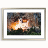Extra large abstract art print of a Montenegro scenery in muted earth tones on a framed canvas, ideal for living room decor.