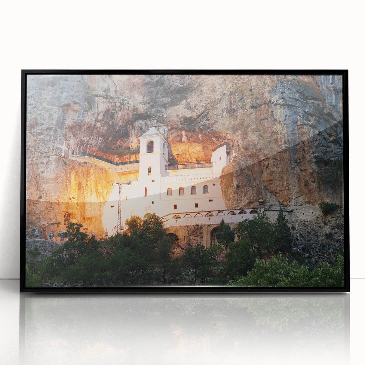 Large abstract wall art depicting a Montenegro landscape in muted earth tones on a framed acrylic.
