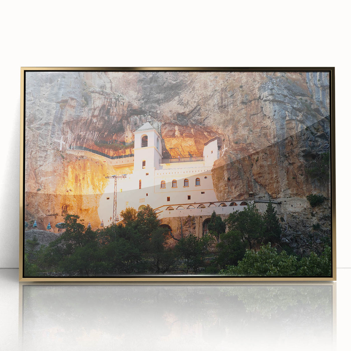 Art deco poster of Montenegro scenery in muted gold and blue tones, acrylic print framed, suitable for modern art wall decor.