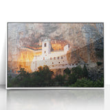 Mid-century modernist art depicting a serene European landscape in soft pastel shades on a framed acrylic panel.