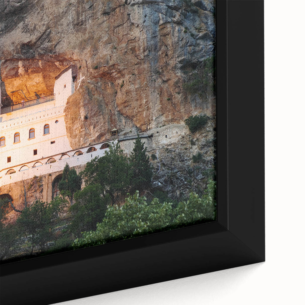 Extra large framed canvas featuring a textured depiction of Montenegro's scenery in black with colorful accents.