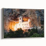 Framed canvas depicting a vintage-style landscape art painting of Montenegro, with vibrant colors and black borders.