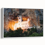 Vintage poster art of Montenegro landscape on framed canvas, featuring vibrant colors and black edges.