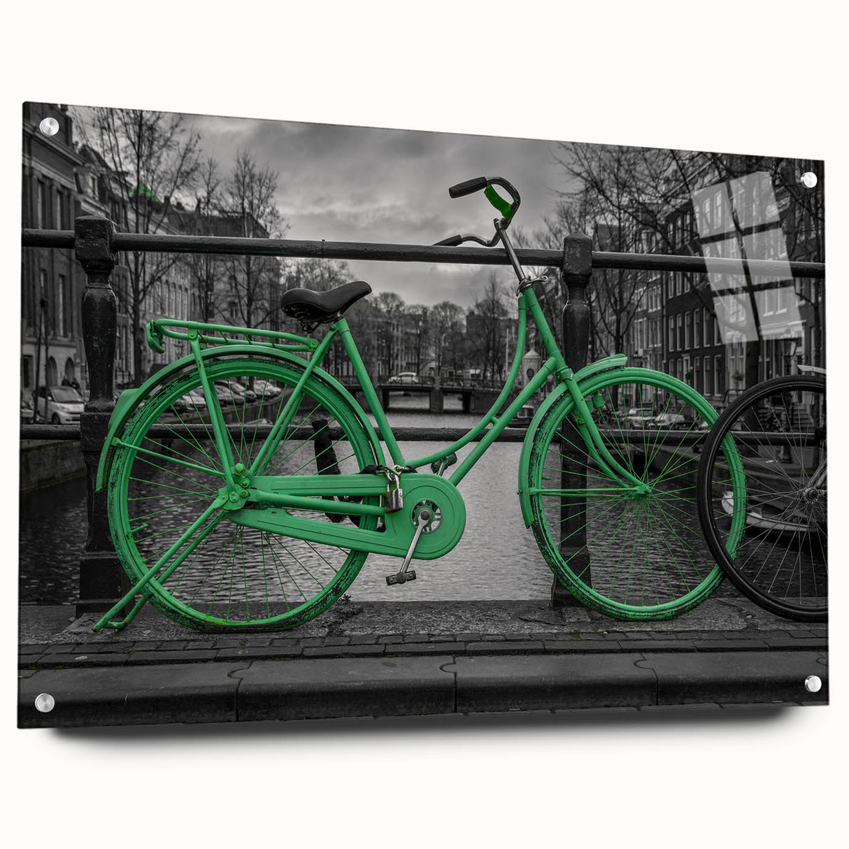 Acrylic print of Amsterdam canal scene in muted gray and blue tones, suitable for dining room decor.