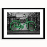 Extra large abstract art print of Amsterdam scenery with vibrant and colorful textures on a black framed canvas.