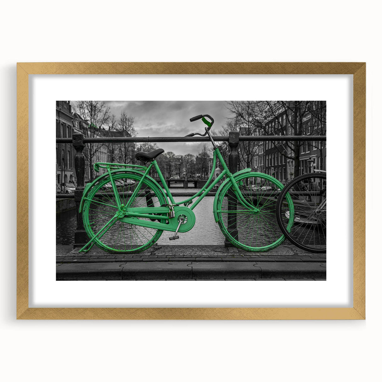 Abstract art print of Amsterdam scenery in muted earth tones on a gold-framed mat, suitable for dining room decor.