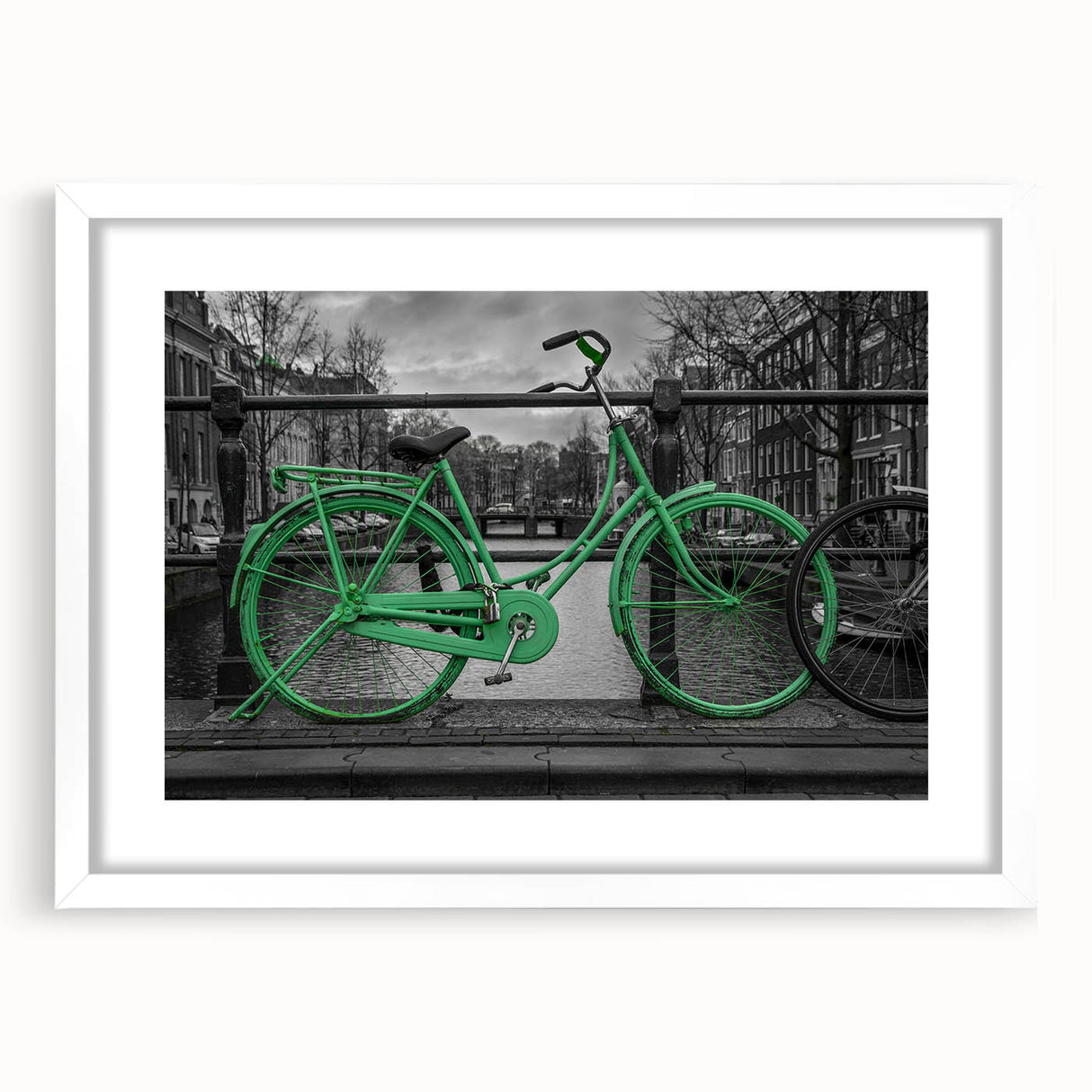 Textured art depicting an abstract Amsterdam cityscape in muted blues and grays on a framed white canvas.
