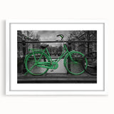 Textured art depicting an abstract Amsterdam cityscape in muted blues and grays on a framed white canvas.