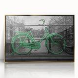 Art deco poster of Amsterdam scenery in acrylic frame, with muted gold and blue tones, ideal for modern art wall decor.