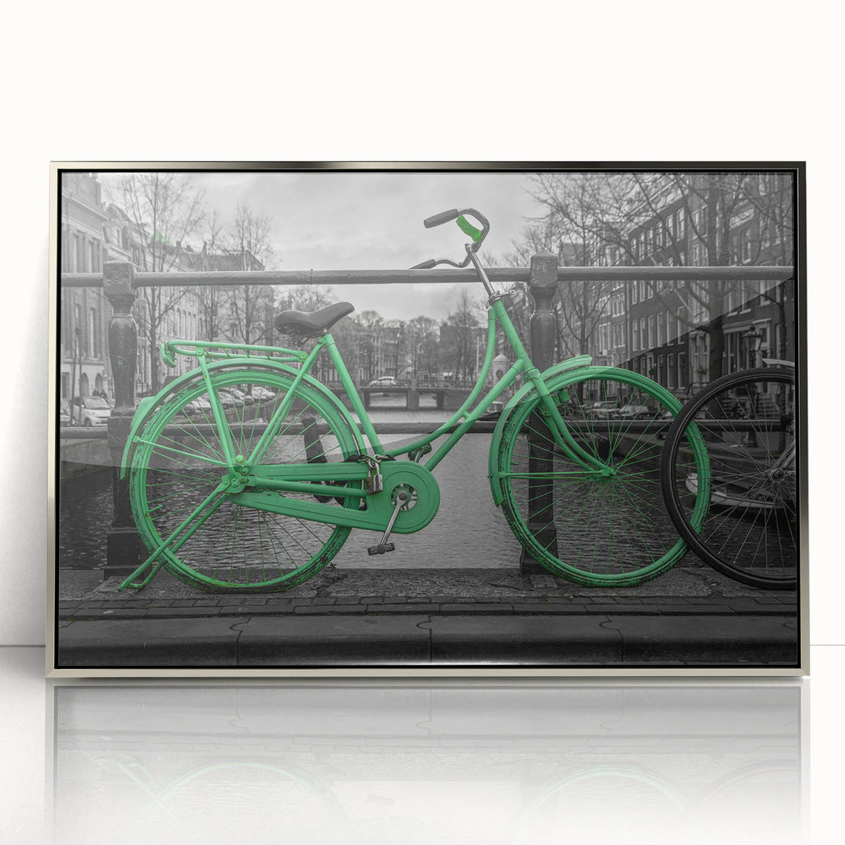 Mid-century modernist Amsterdam canal scene in muted earth tones on a framed acrylic print.