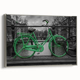 Framed canvas of a vintage-style Amsterdam landscape painting, featuring colorful buildings and black sky.