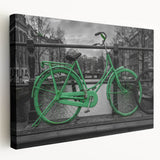 Amsterdam canal scene in muted blue and gray tones on a large stretched canvas, suitable for kitchen wall art.