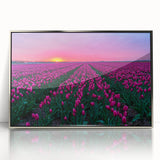 Mid-century modernist art depicting a serene European landscape in muted tones on a framed acrylic print.