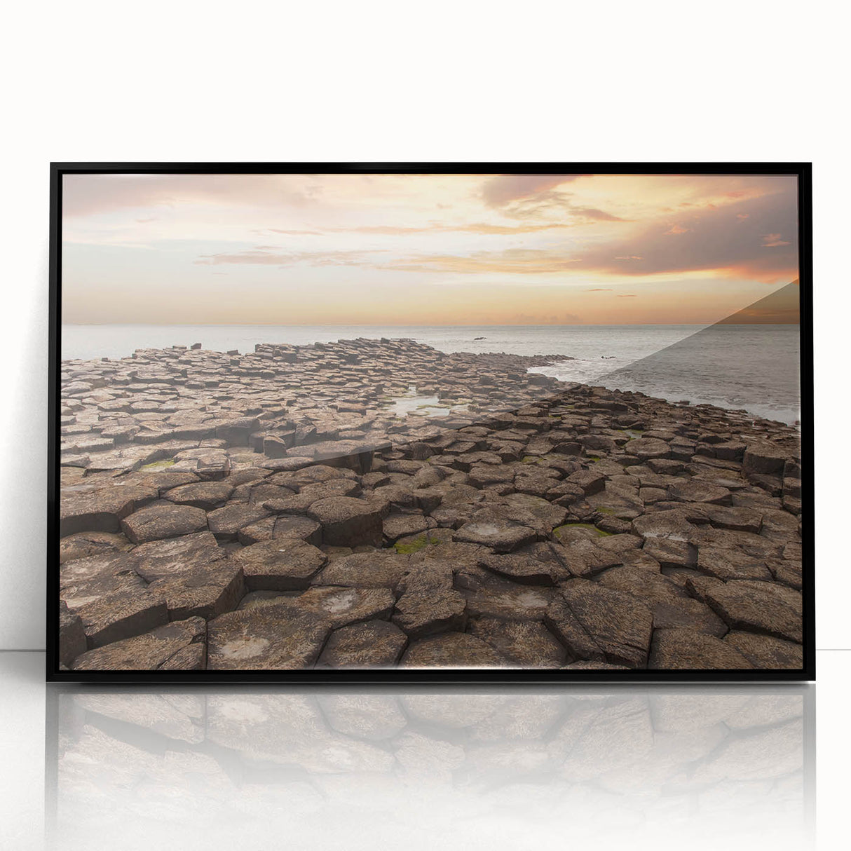 Large abstract wall art depicting a Northern Ireland scenery in muted earth tones on a framed acrylic.