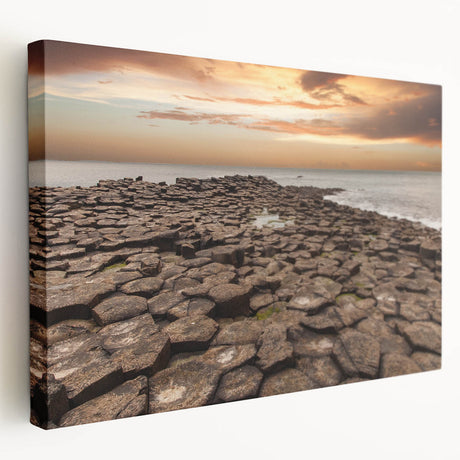 Northern Ireland scenic landscape on stretched canvas, featuring muted green and blue tones, ideal for kitchen wall art.