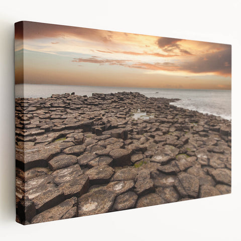 Northern Ireland scenic landscape on stretched canvas, featuring muted green and blue tones, ideal for kitchen wall art.
