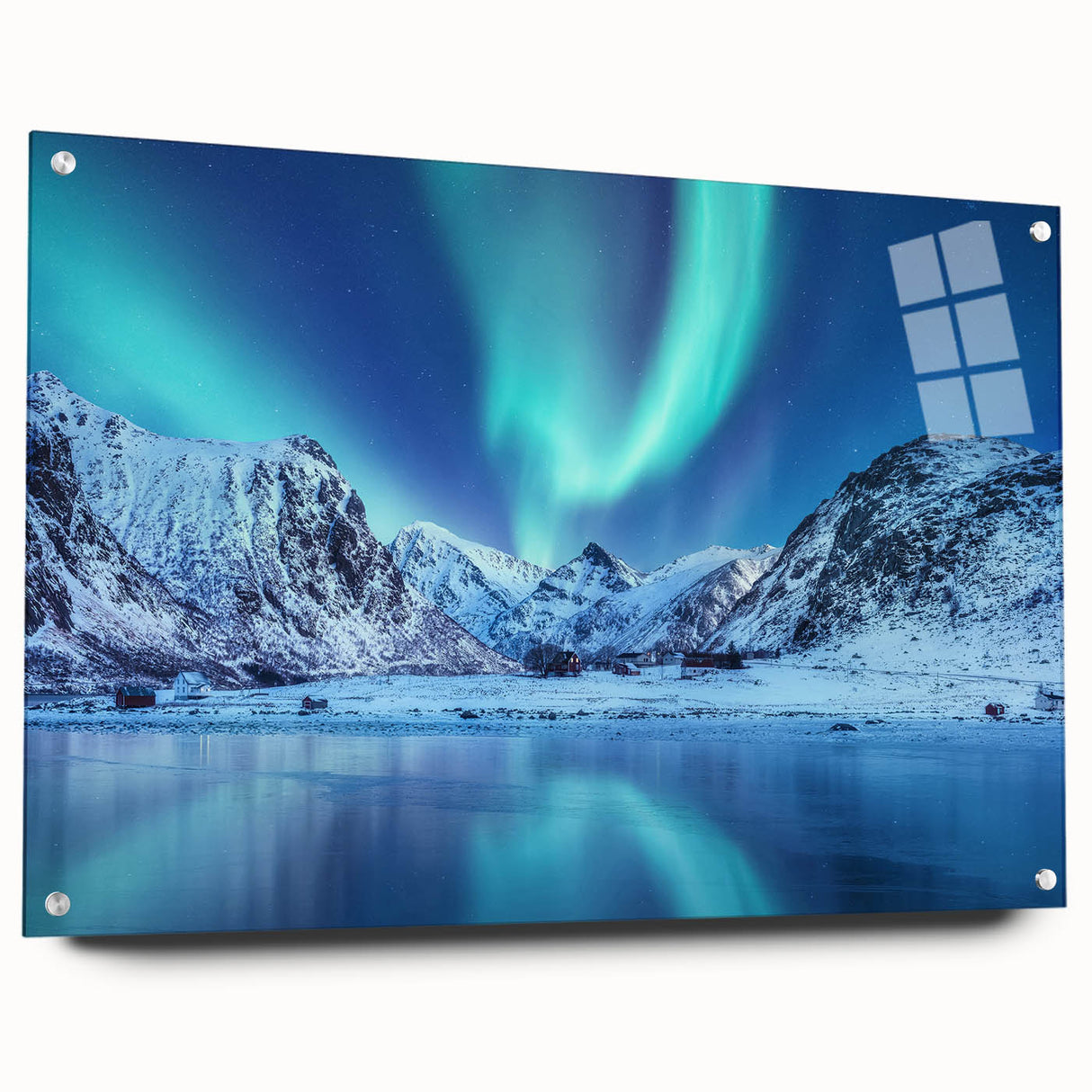 Acrylic print of a serene Norwegian landscape in muted green and blue tones, ideal for bedroom or dining room decor.