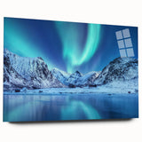 Large abstract wall art depicting a serene Norwegian landscape in muted blue and green tones, printed on acrylic glass.