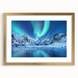Abstract art print depicting a serene Norwegian landscape in muted blue and green tones, framed with a gold mat.