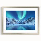 Extra large abstract art print of a textured Norwegian landscape in muted gray and blue tones, framed in silver.