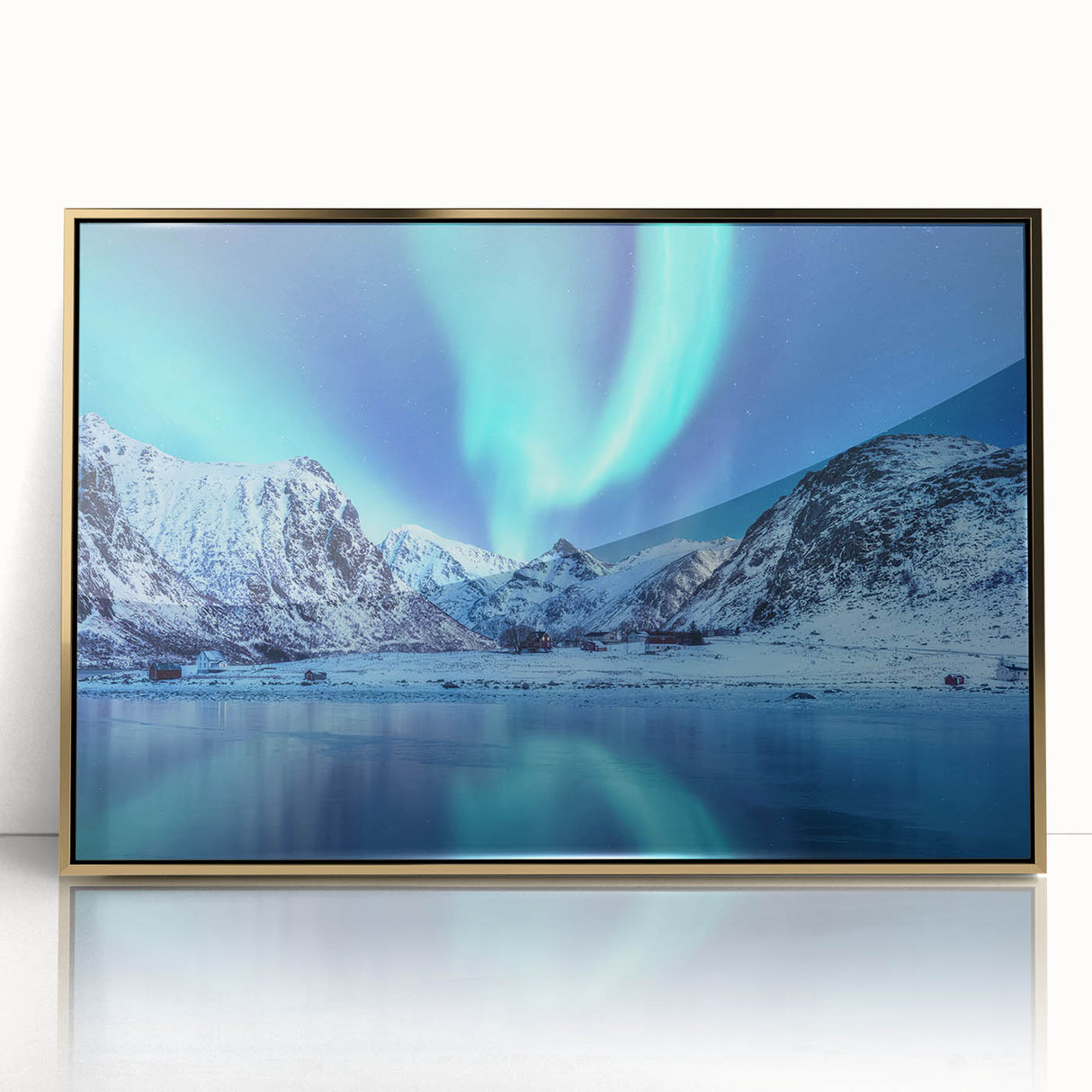 Art deco poster of a Norwegian landscape in muted gold and green tones, framed acrylic, ideal for modern art wall decor.
