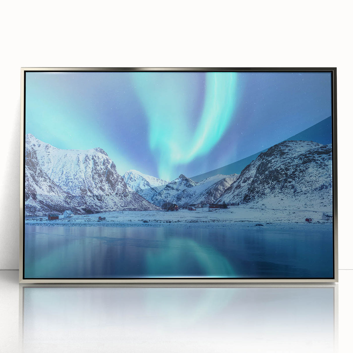 Large art print of a serene Norwegian landscape in muted green and blue tones, framed in silver acrylic.